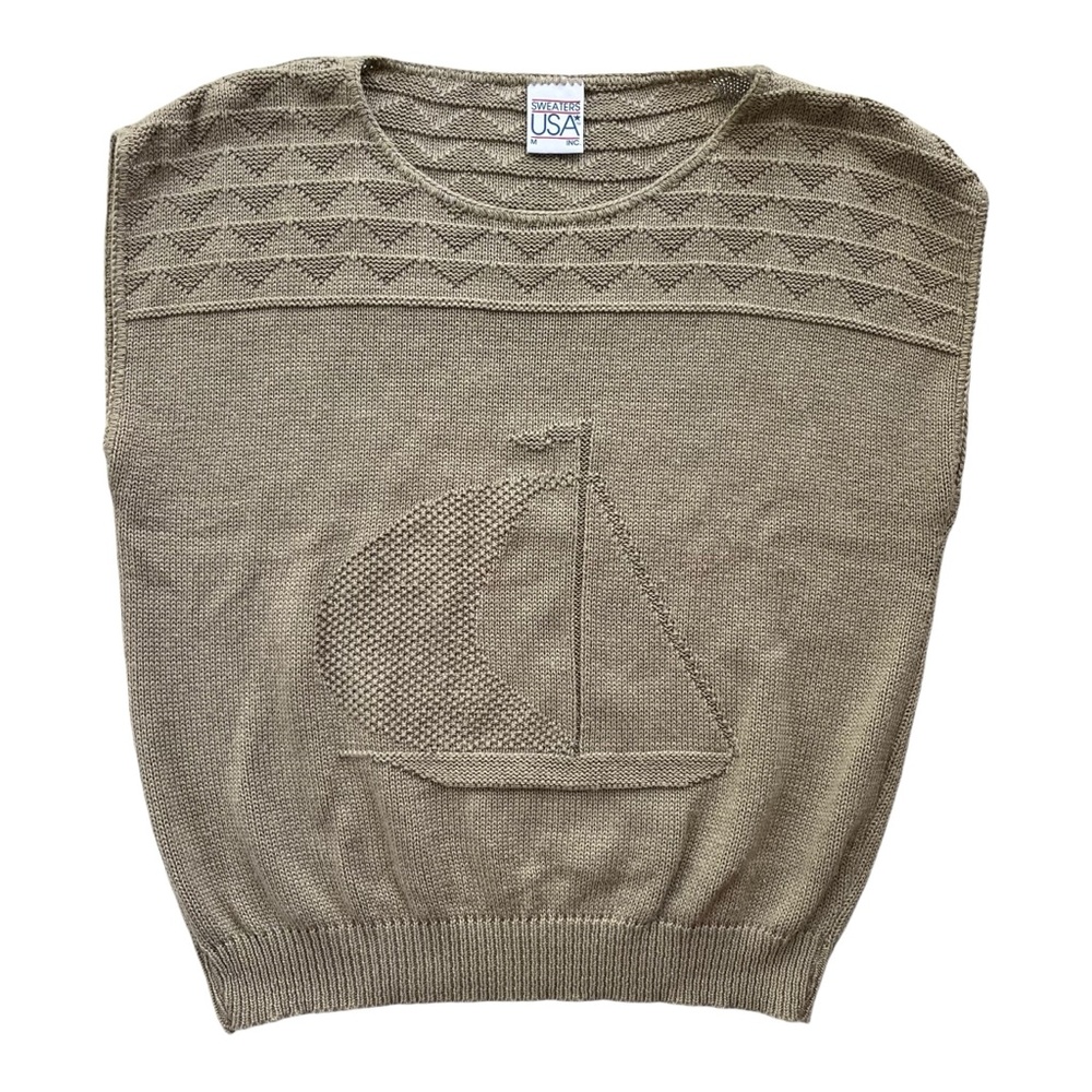 Sweaters USA Inc. Women’s Sz Medium Tan Sailboat Cap Sleeve Knit Vintage Sweater